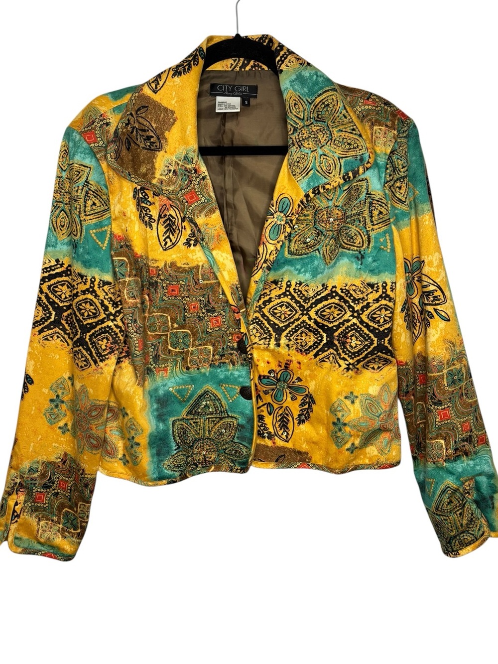 Vtg City Girl BeadedAbstract Patchwork Print Blazer Jacket Statement Size Small